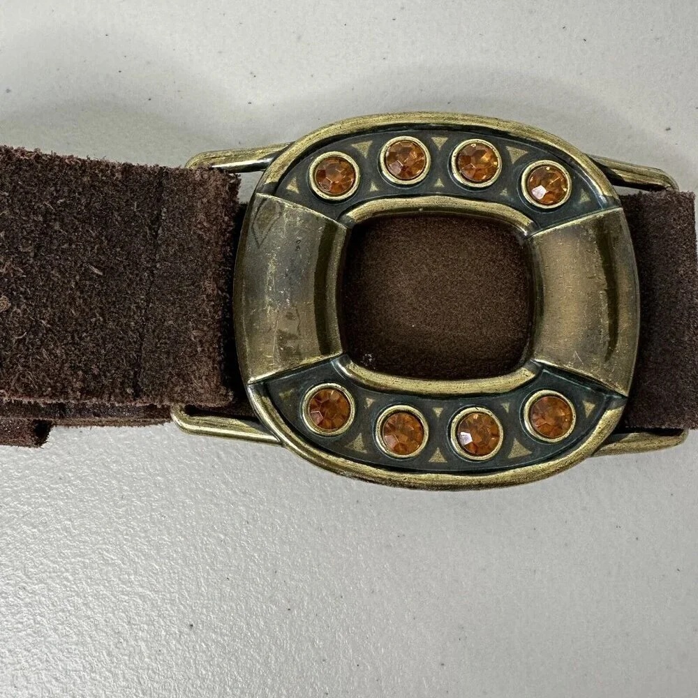 Steve Madden Belt Brown Suede Leather Brass Buckle‎ Rhinestone Size M